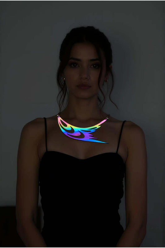 Rainbow Reflective Bird Wing and Eye Detailed Choker Necklace, Stylish Laser Cut Necklace
