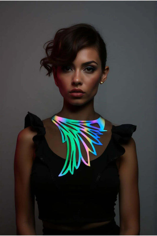 Rainbow Reflective Big Bird Wing Choker Necklace, Stylish Laser Cut Necklace