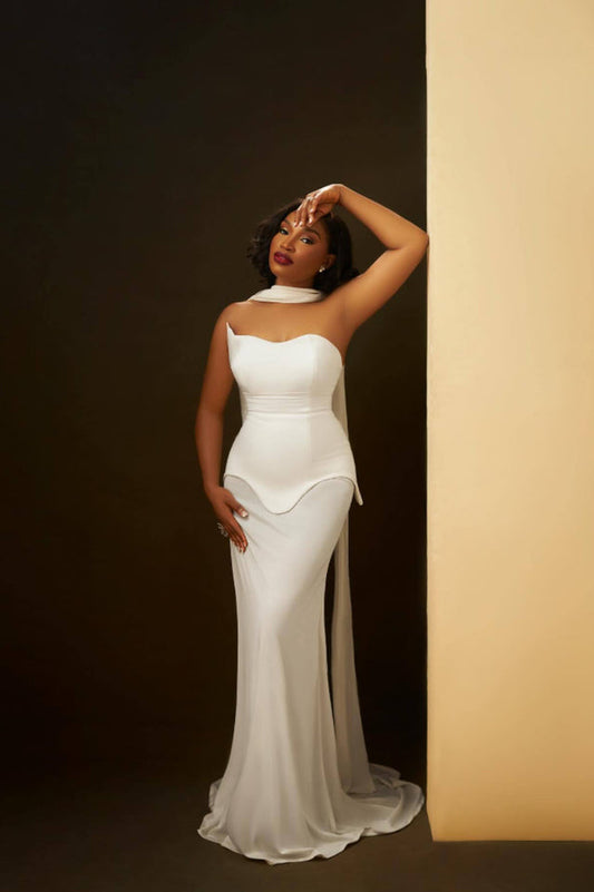 White Strapless Scarf Maxi Dress