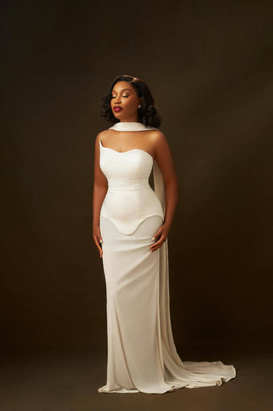 White Strapless Scarf Maxi Dress