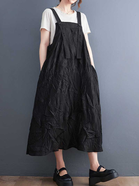 Pleated Cotton Black Color Salopette Dress