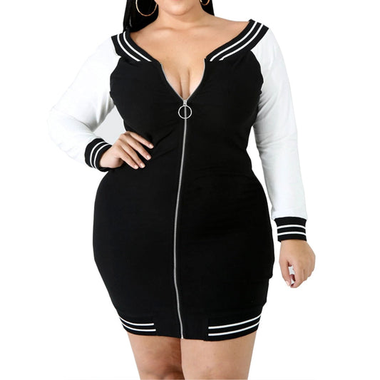 Casual V Zipper Long Sleeve Bodycon Women Plus Size Dress