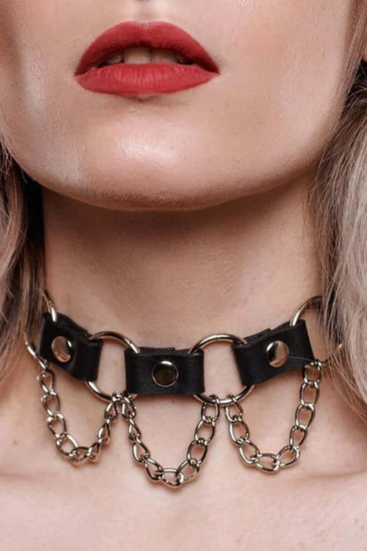 Chain and Ring Detailed Leather Choker Collar Neck Accessory