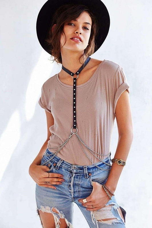 Stud and Chain Detailed Halter Leather Harness