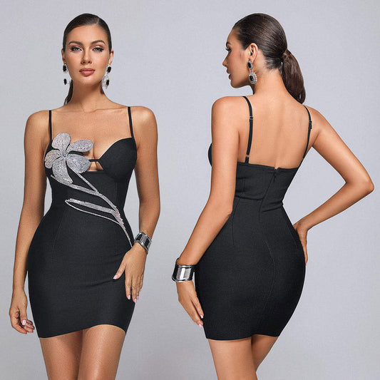 FUSAE Black Mini Dress with Crystal FLowER