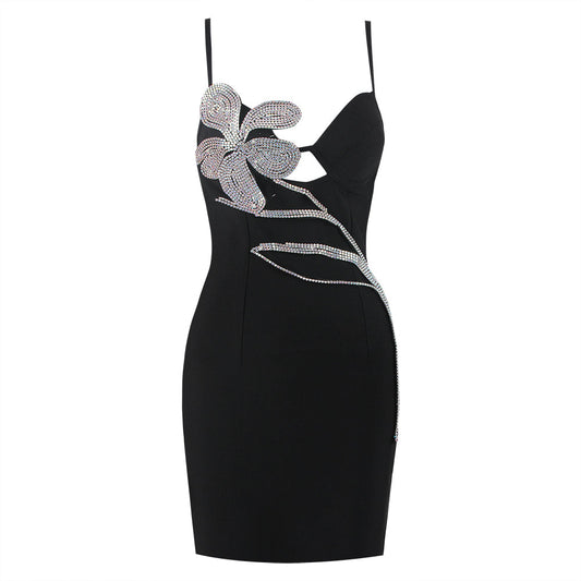 FUSAE Black Mini Dress with Crystal FLowER