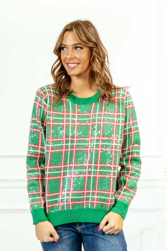 Glittering Plaid Sequin Sweater