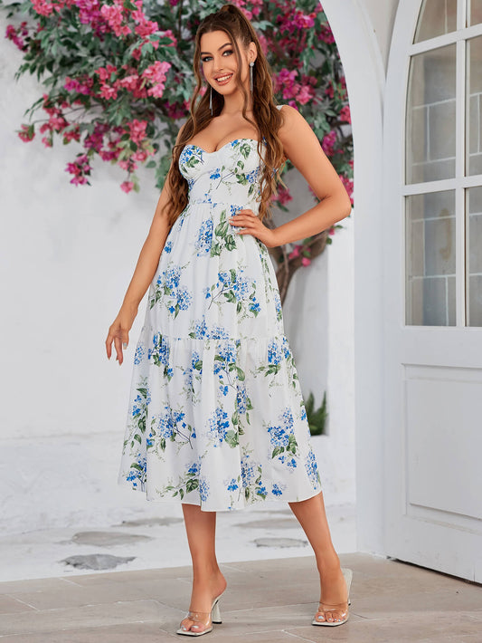 Floral Print Ruffle Hem Bustier Cami Dress