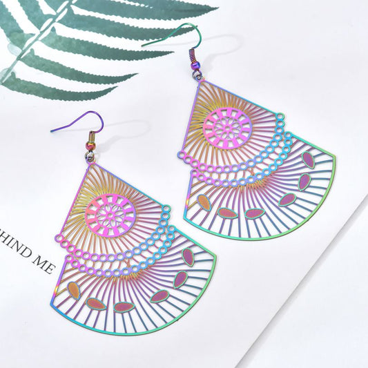 Unique Rainbow Color Stainless Steel Asian Style Fan Shape Woman Earring
