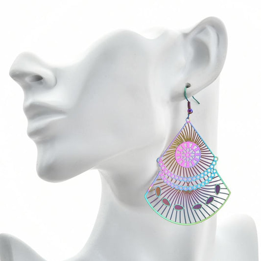 Unique Rainbow Color Stainless Steel Asian Style Fan Shape Woman Earring