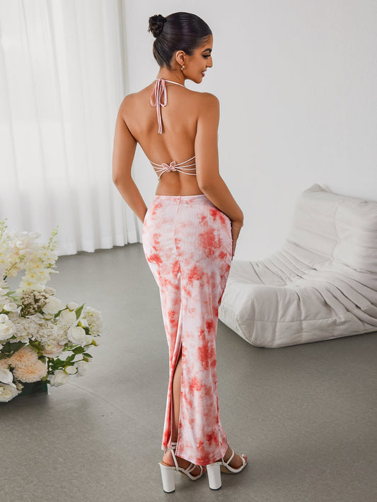Halter Embellished Floral Top&Bodycon Skirt