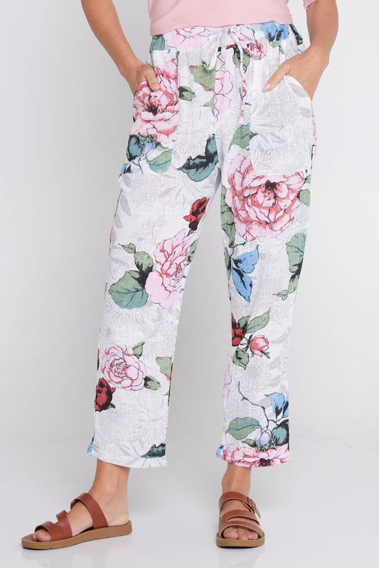 Kiana Linen Pants - White Floral