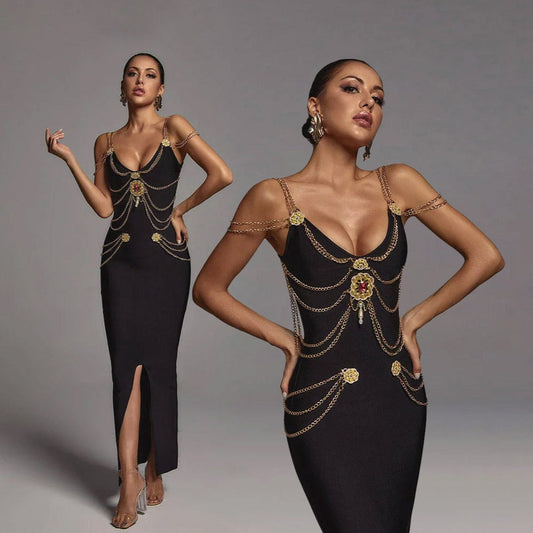 LILLY MAXI Dress with GOLD CHAINS and FRONT SLIT