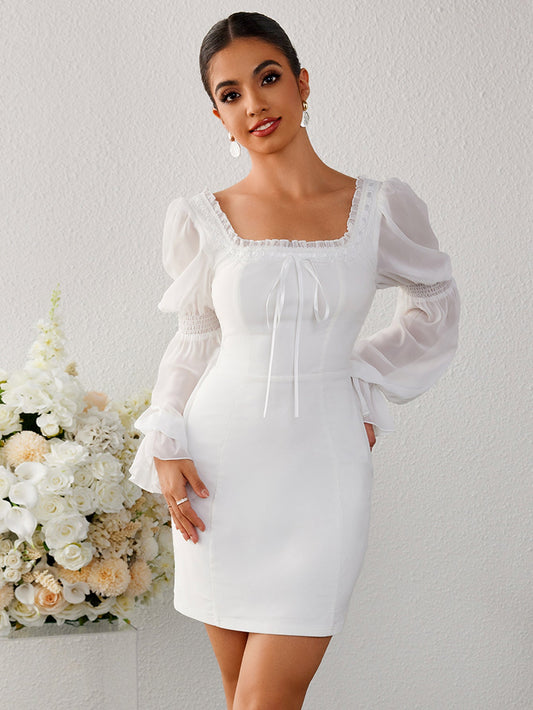 Lantern Sleeve Tie Front Backless Bodycon Dress