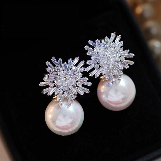 Austrian Imitation Pearl Snow Flower Bridal CZ Stud Earrings