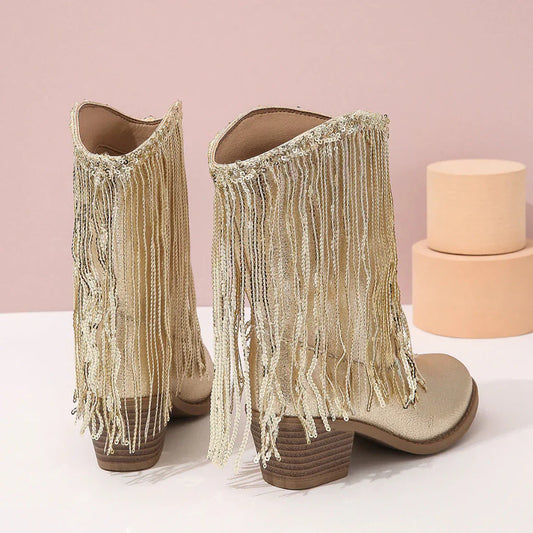 Eden Women’s Fringe Metallic High Heel Boots