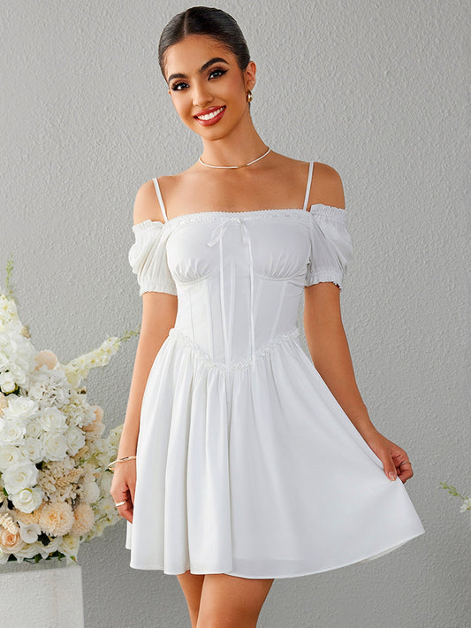 Off Shoulder Crisscross Tie Back Mini Dress