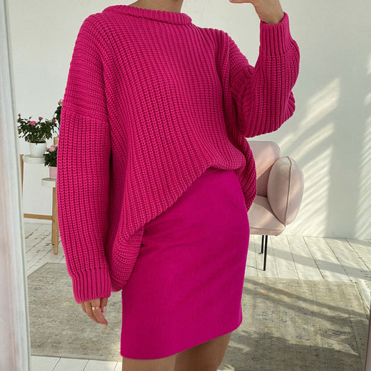 Oversized Ribbed Candy Color Crewneck Pullover Sweater - Rose