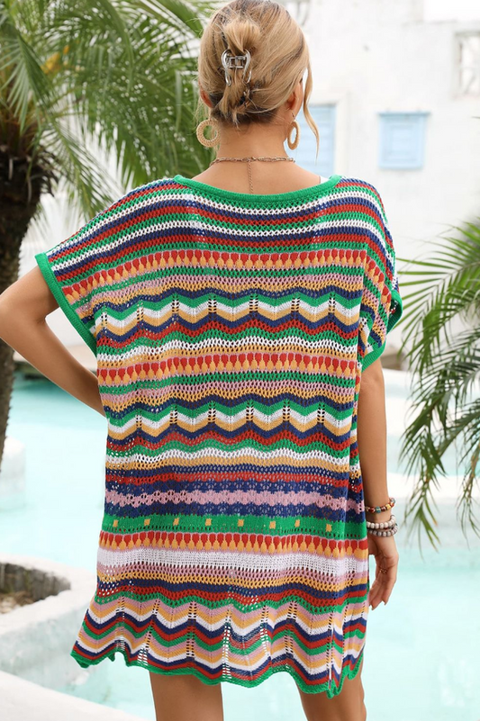 Rainbow Stripe Scalloped V-Neck Cover-Up Dress