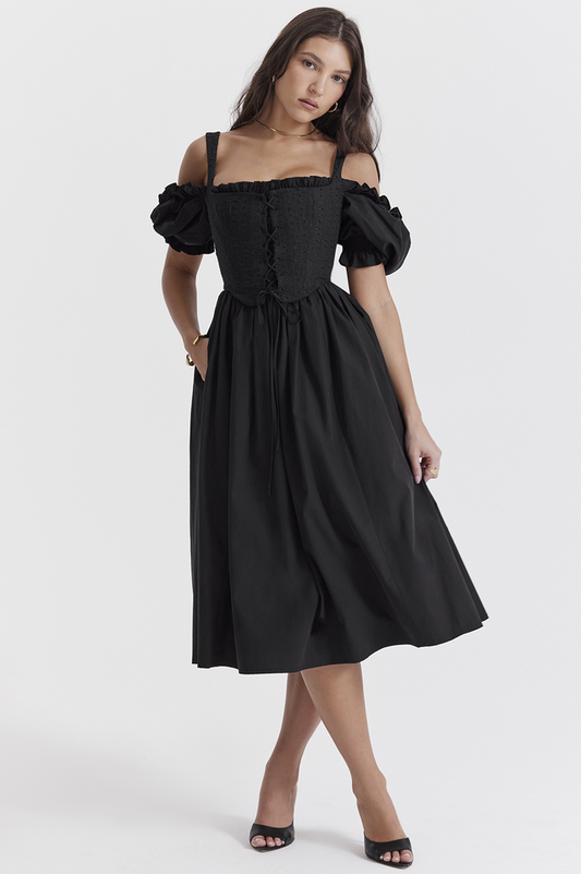 Silvana Black Puff Sleeve Midi Sundress