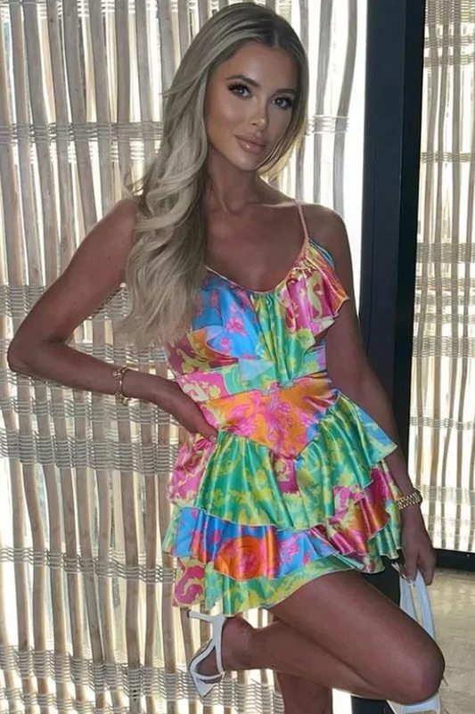 Satin Ruffle V Neck Tiered MIni Sundress