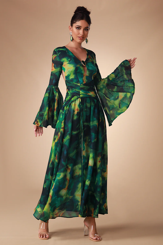 Bell Sleeve Printed Gown