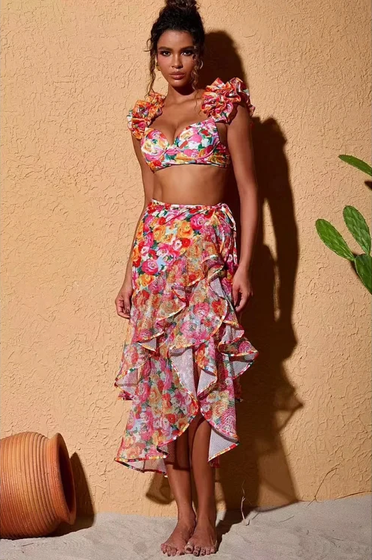 3D Floral Print Swimsuit & Skirt Set