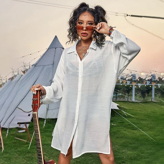 Drawstring Hollow Beach Cover-Up