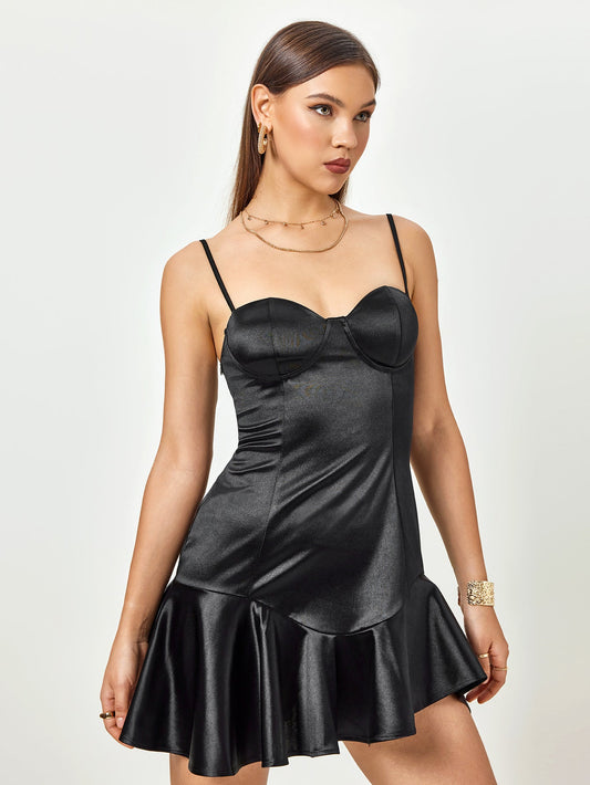 Satin Corset Zipper Asymmetrical Hem Mini Dress