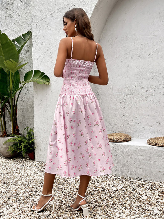 Tie Front Waist Ruched Floral Print Cami Dress