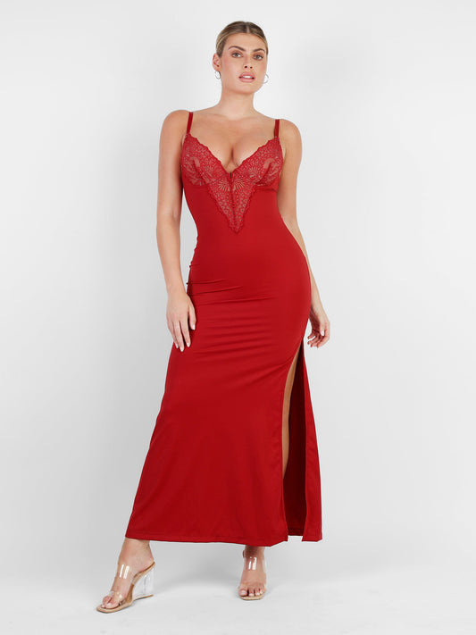 Built-In Shapewear Lace Slip Split Maxi Dress