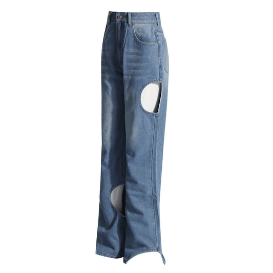 Asymmetric Cut Out Whisker Leg Washed Denim Jeans