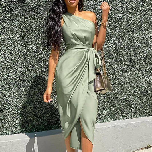 Vintage Asymmetrical One Shoulder Sleeveless Bodycon Women Dress