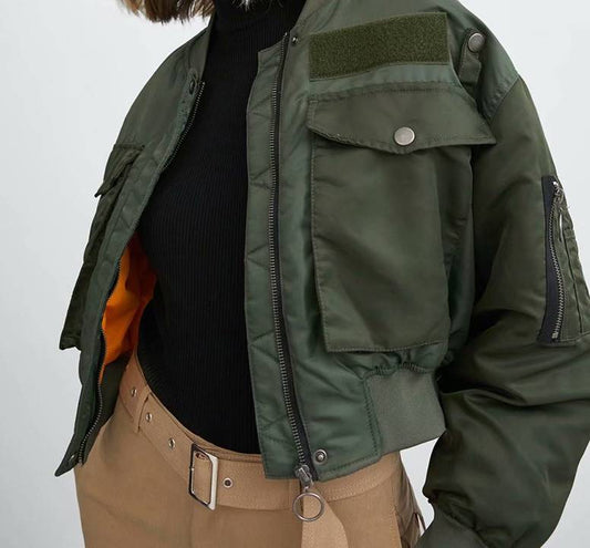 Pocket Decorated Green Bomber Jacket