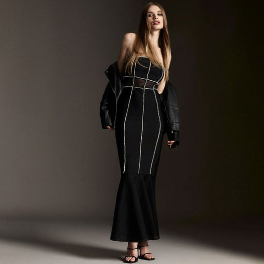 Elegant Rhinestone Trim Sheer Mesh Strapless Bandage Maxi Mermaid Evening Dress