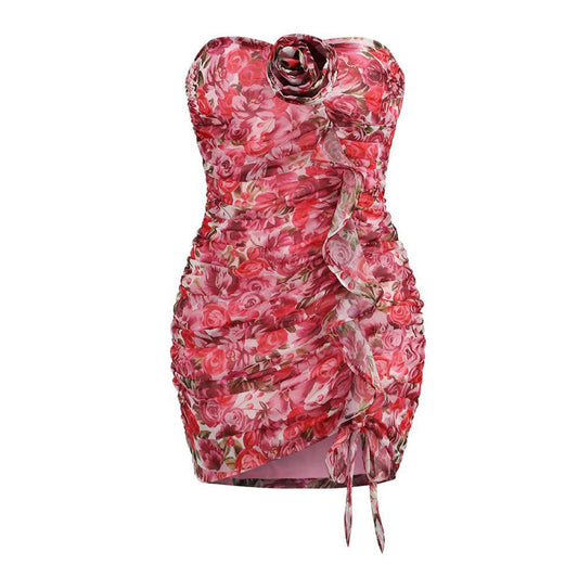 FeMinine Floral Print Rosette Sweetheart Ruffle Trim Ruched Mini Tube Dress