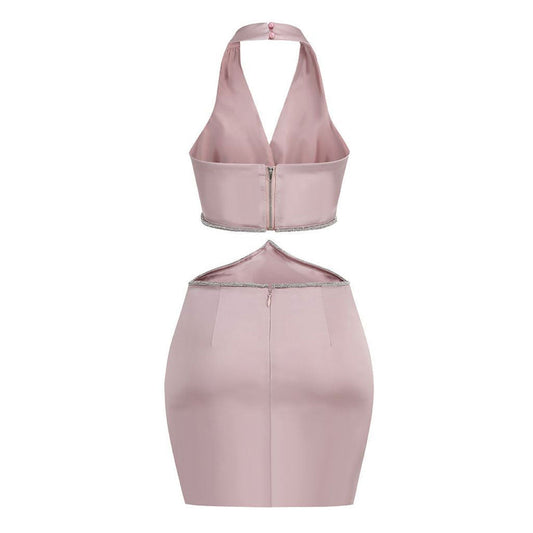 Glossy Satin Ruched Halter V Neck Sleeveless Crystal CutOut Mini Party Dress