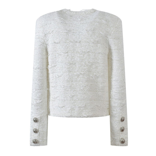 Opulent Crew Neck Button Up Padded Long Sleeve Textured Wool Knit Cardigan