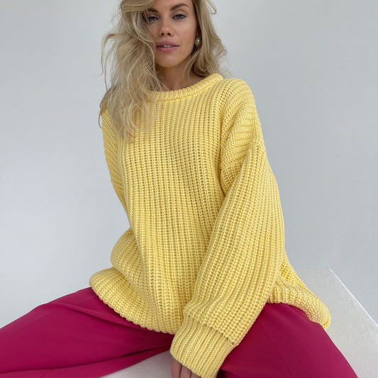 Oversized Ribbed Candy Color Crewneck Pullover Sweater - Yellow