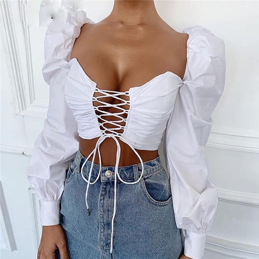 Broadcloth White Lace Up Hollow Out Puff Sleeve Women Crop Top