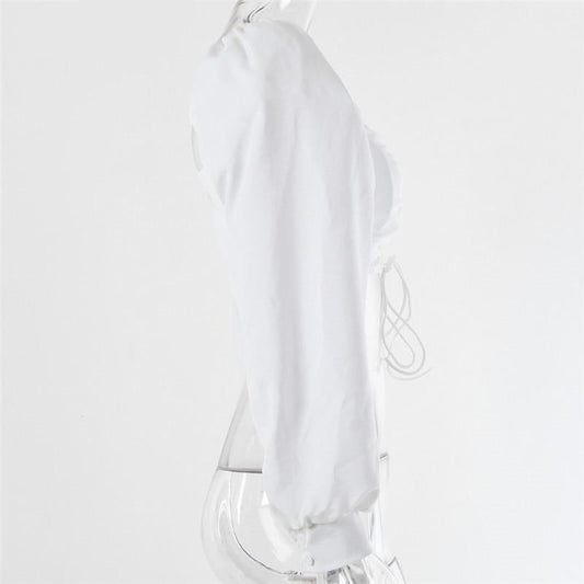 Broadcloth White Lace Up Hollow Out Puff Sleeve Women Crop Top