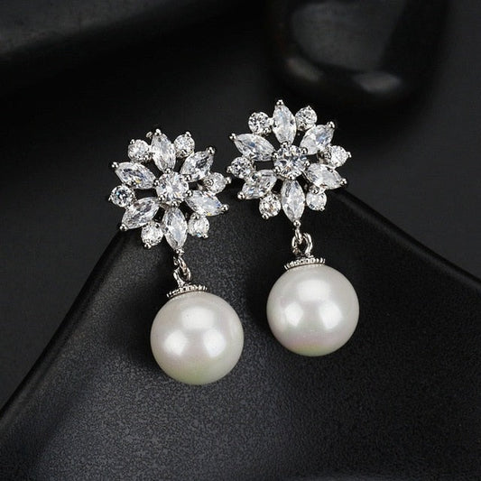 Austrian Imitation Pearl Snow Flower Bridal CZ Stud Earrings