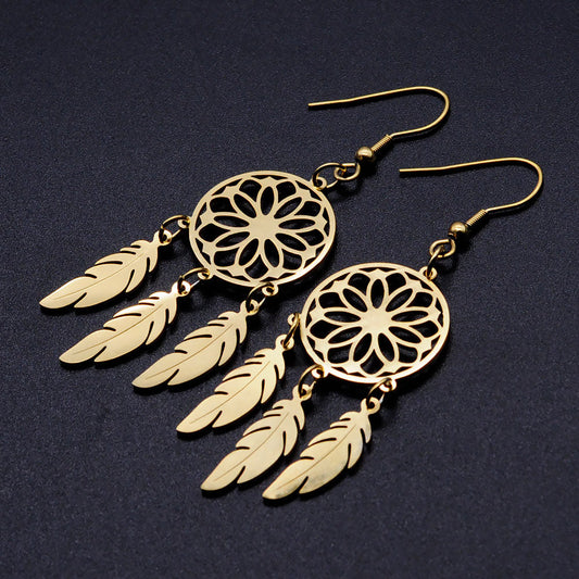Unique Bohemia Lotus Dreamcatcher Stainless Steel Woman Earrings