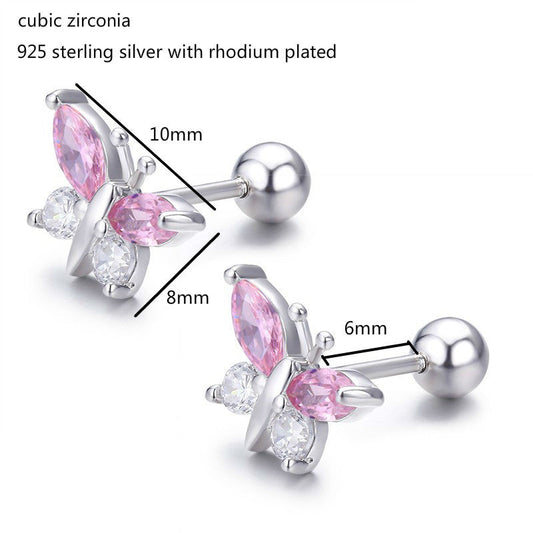 Cute 925 Sterling Silver Butterfly Pink CZ Screw Back Women Stud Earrings