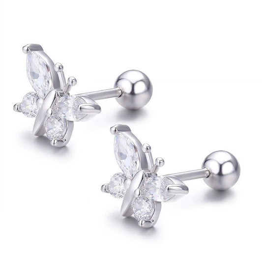 Cute 925 Sterling Silver Butterfly Pink CZ Screw Back Women Stud Earrings