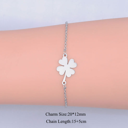100% Stainless Steel Dainty Lucky Clover Charm Bracelet