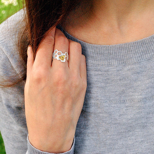 Small Bee 18k Gold Plated Honeycomb Open Rings