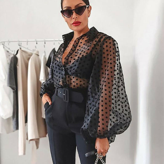 Retro Polka Dot See-Through Loose Button Big Puff Sleeve Women Blouse