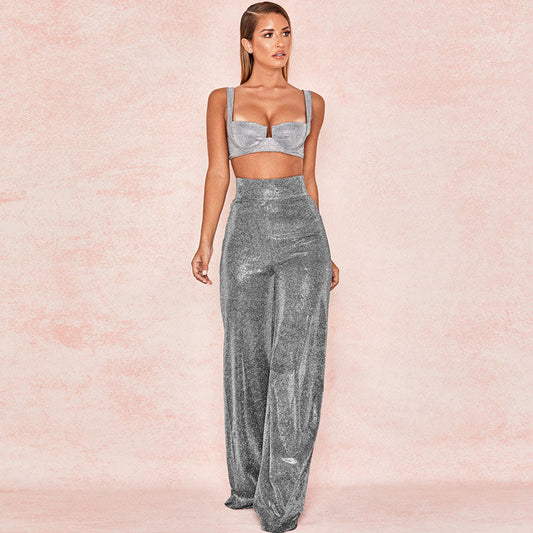 Retro Glittering High Waist Zipper Back Loose Wide Leg Pants - Black