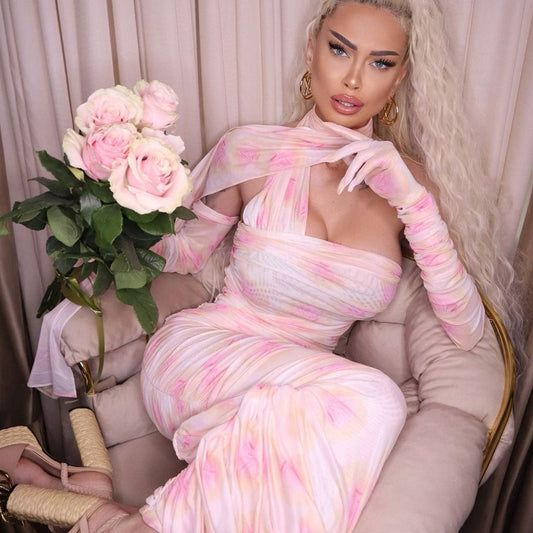 Romantic Draped Ribbon Evening Maxi Dress